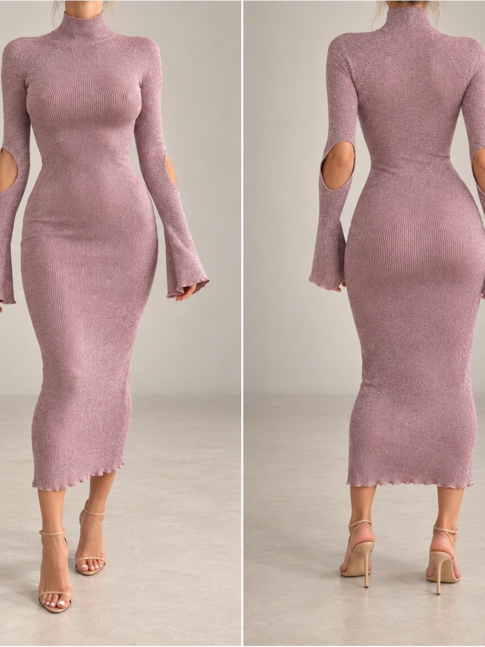 Lanvin Ribbed Mock-Neck Long Sleeve Midi Dress in Dusty Rose